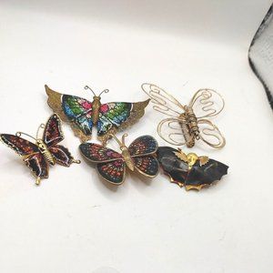 Lot Of 5 Vintage Butterfly Brooches Gold Tone Rainbow Enamel Abalone -#-B4